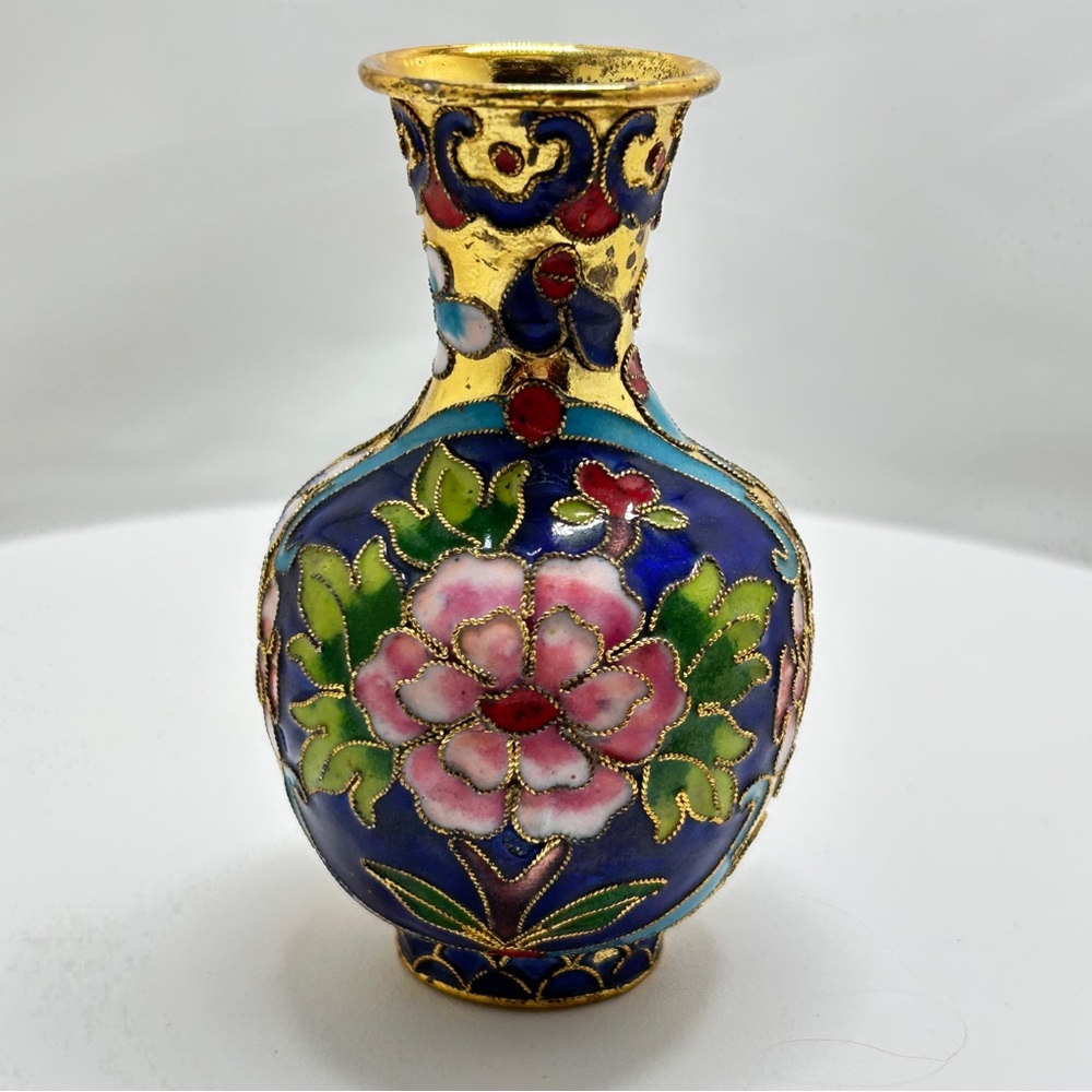 Vintage, Small Asian Cloisonne Floral Vase, Gorgeous Piece, Gold, Blue, Pink